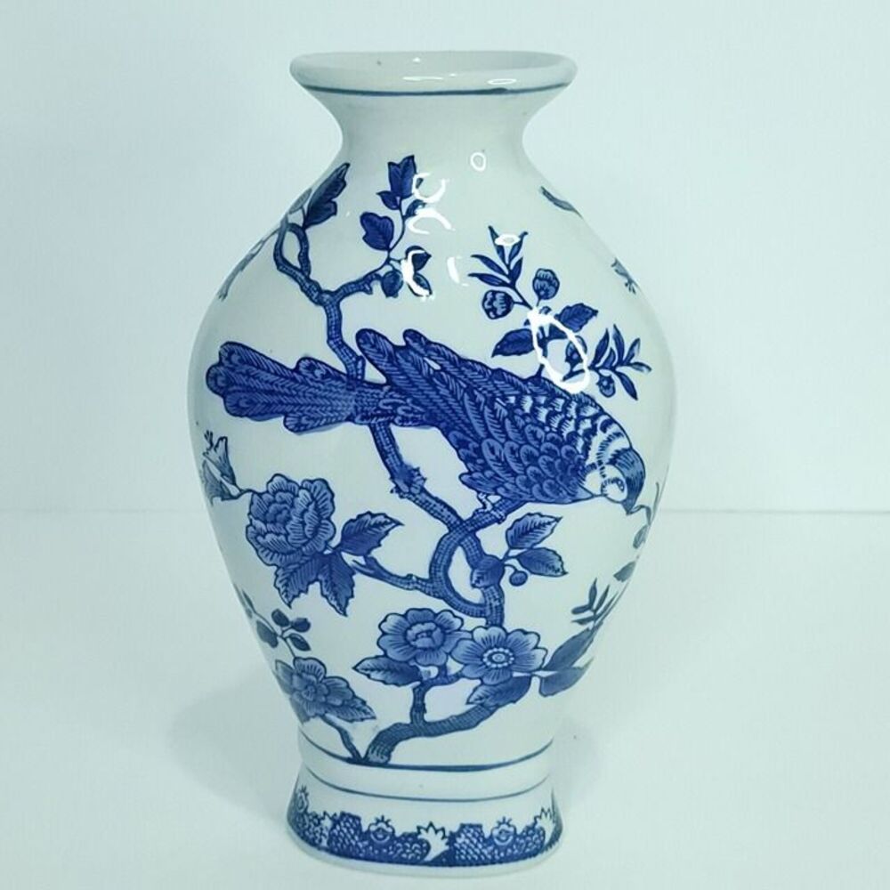 Vintage Blue White Asian Vase With Bird Flower Formalities Baum & Bros 10" Tall
